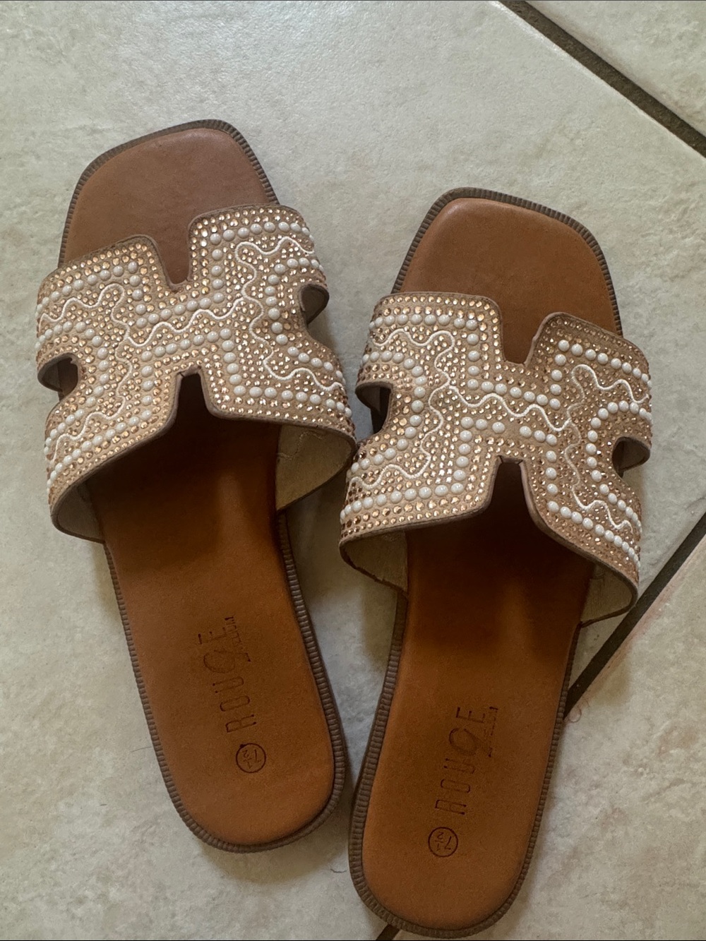 Beaded Tan Slide Sandals - Women's Slip-On